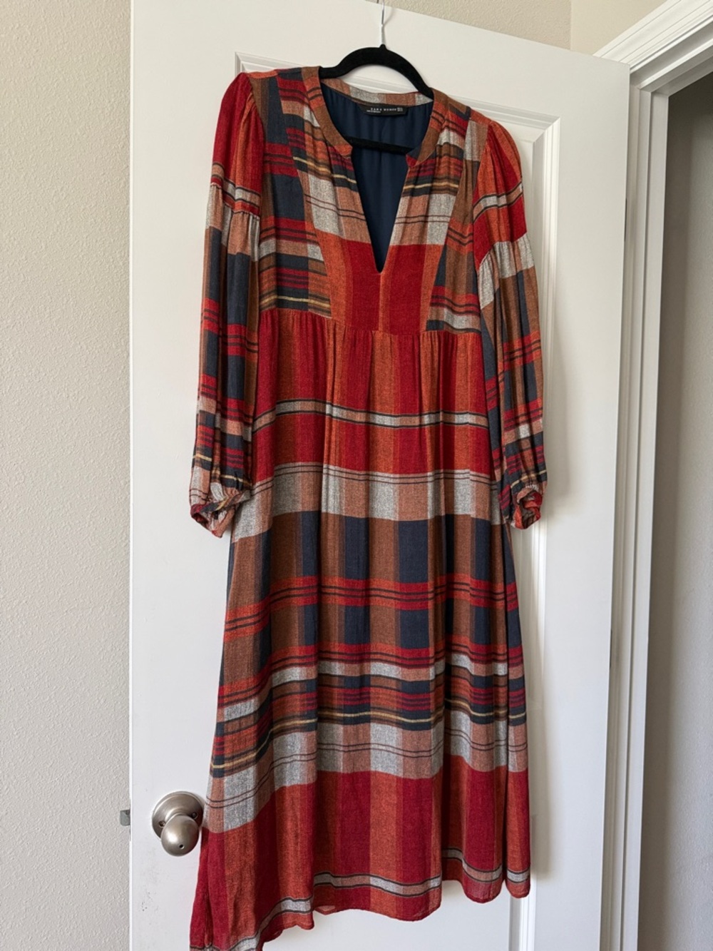 Zara Red Plaid V-Neck Midi Dress